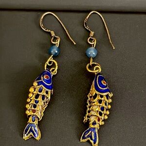 Vintage Articulated Chinese Cloisonne Koi Fish Earrings
